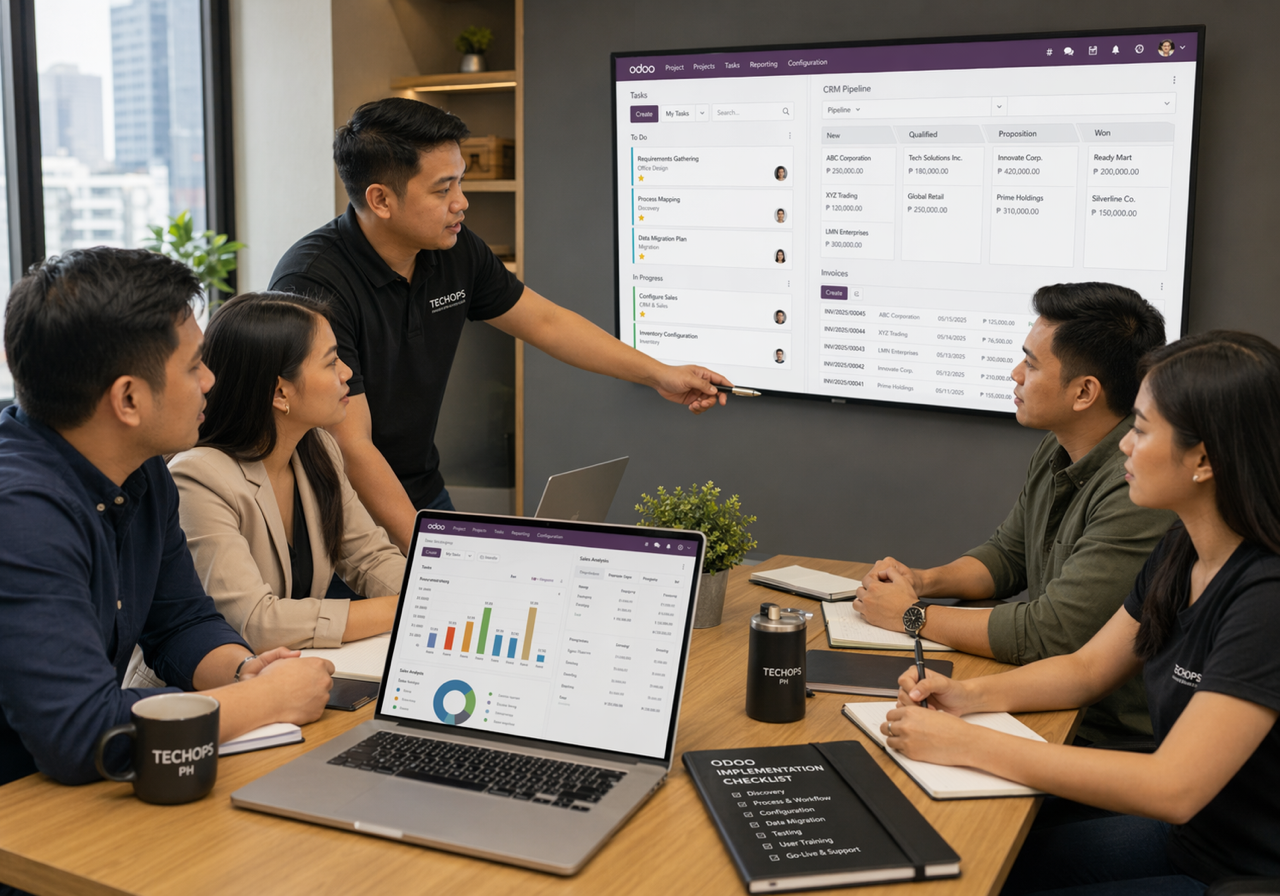 Filipino Tech Ops delivery team reviewing Odoo implementation screens and rollout notes