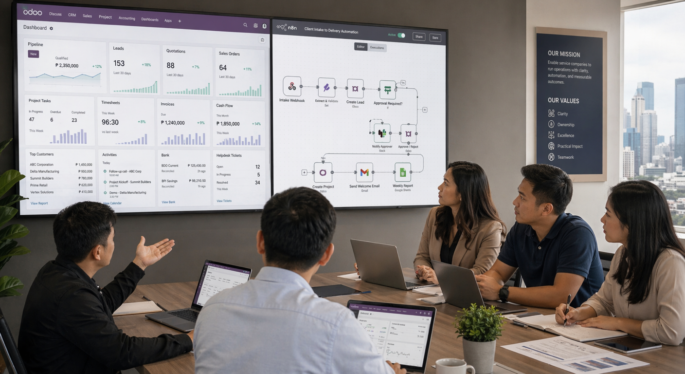 Filipino operations team reviewing Odoo dashboards and n8n automation evidence for a case study