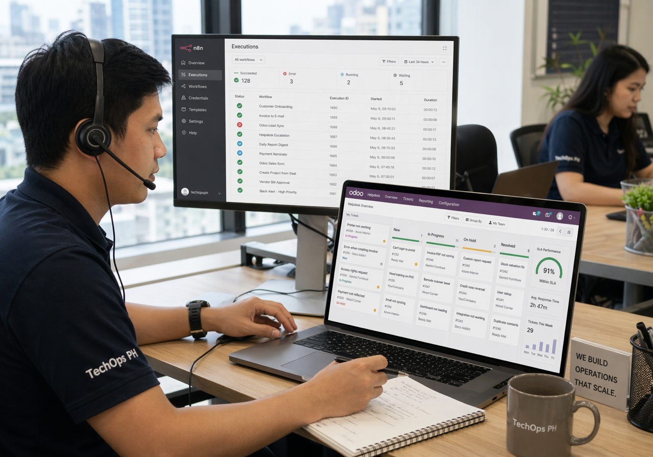 Filipino support consultant reviewing Odoo tickets and automation execution status with AI-assisted operational context