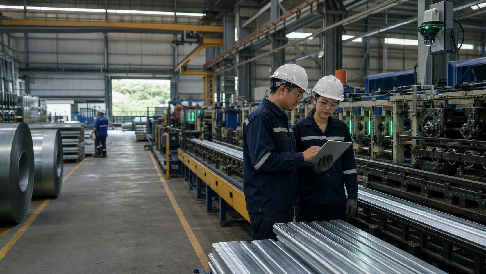 Filipino steel manufacturing operators reviewing production on a tablet beside a computer-vision-enabled roll-forming line