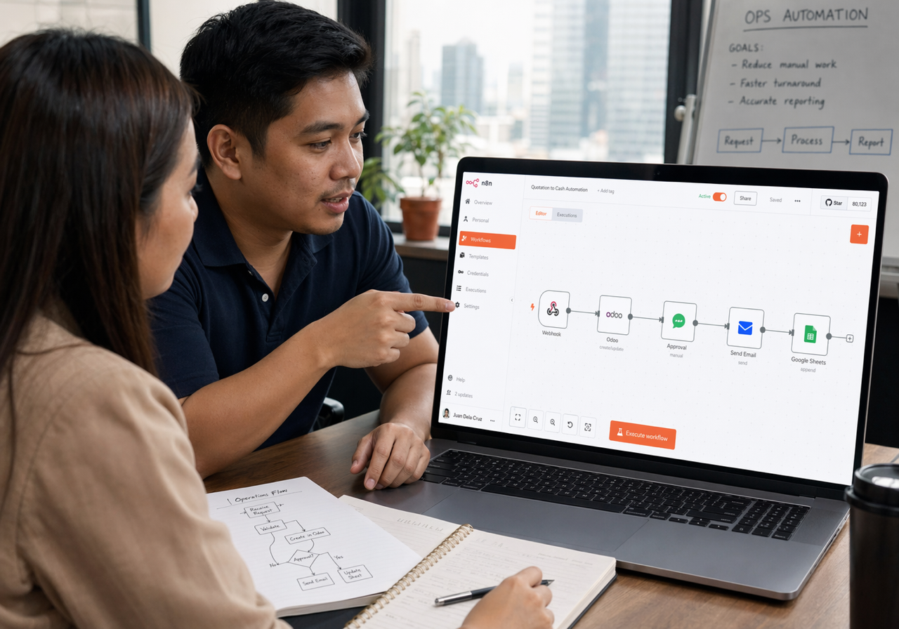 Filipino automation consultants reviewing an AI-assisted n8n workflow connected to Odoo records