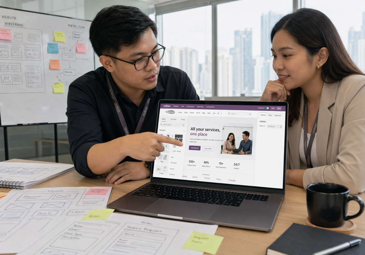 Filipino web and portal team reviewing Odoo Website and portal screens